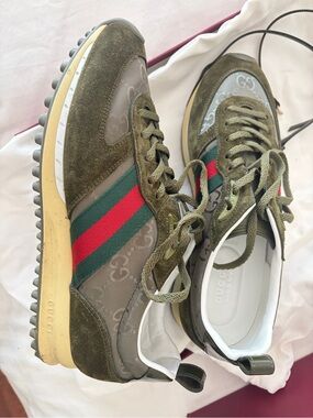Gucci Olive Green and Red-Stripe Lace-Up Sneakers